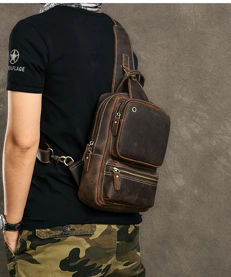 Cool Leather Mens 10" Brown Sling Bag Chest Bag Dark Coffee One Shoulder Backpack for Men