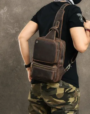 Cool Leather Mens 10" Brown Sling Bag Chest Bag Dark Coffee One Shoulder Backpack for Men