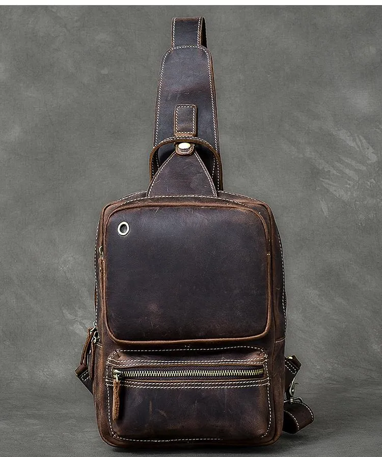 Cool Leather Mens 10" Brown Sling Bag Chest Bag Dark Coffee One Shoulder Backpack for Men
