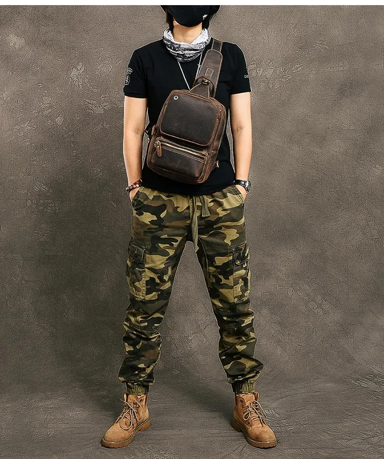 Cool Leather Mens 10" Brown Sling Bag Chest Bag Dark Coffee One Shoulder Backpack for Men