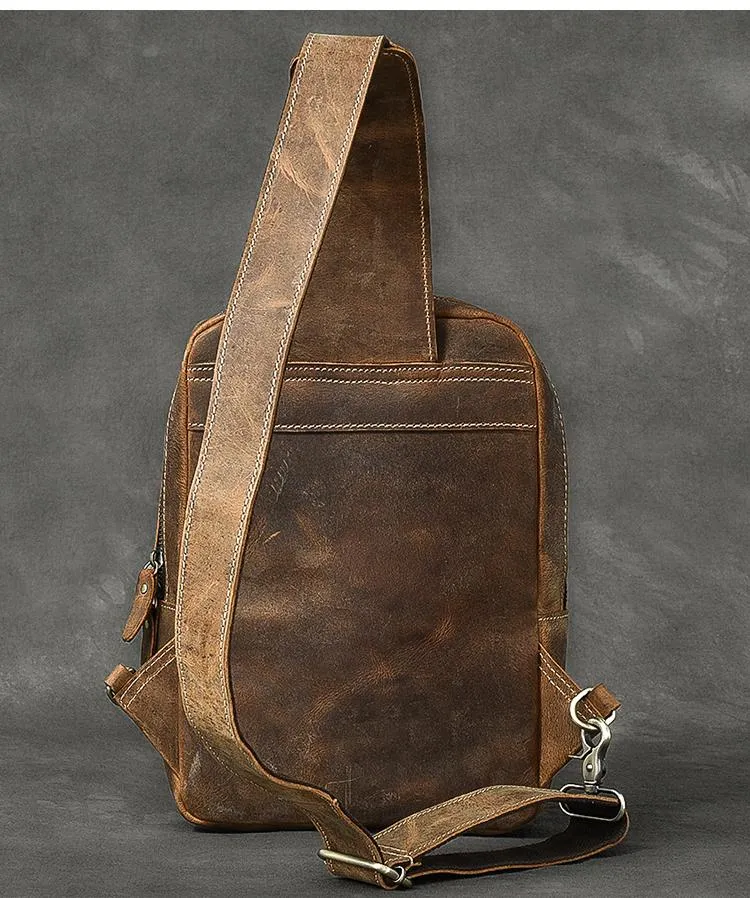 Cool Leather Mens 10" Brown Sling Bag Chest Bag Dark Coffee One Shoulder Backpack for Men