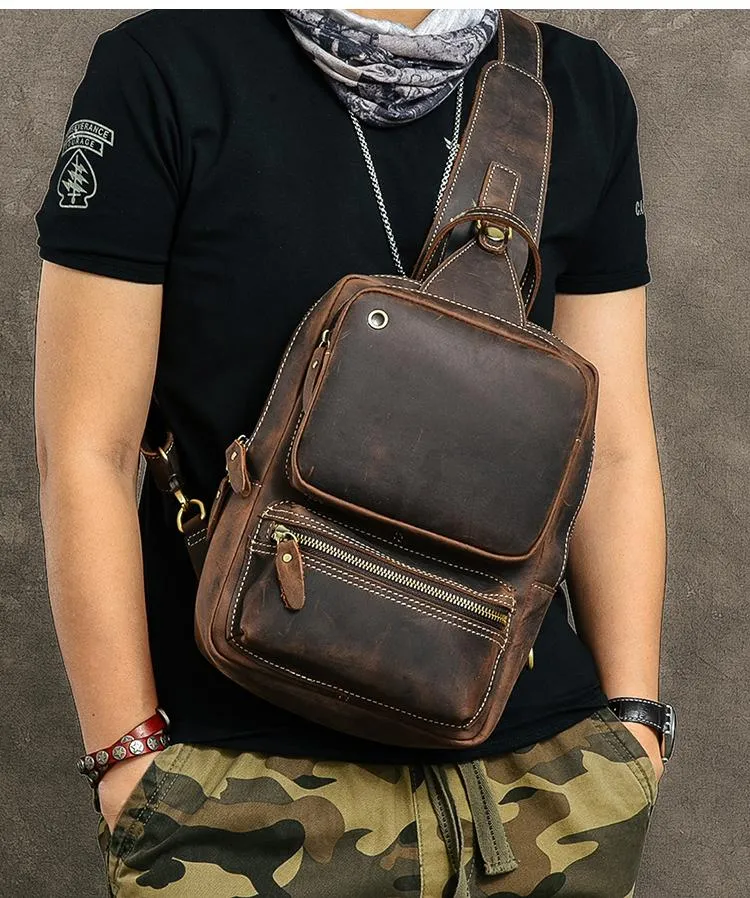 Cool Leather Mens 10" Brown Sling Bag Chest Bag Dark Coffee One Shoulder Backpack for Men