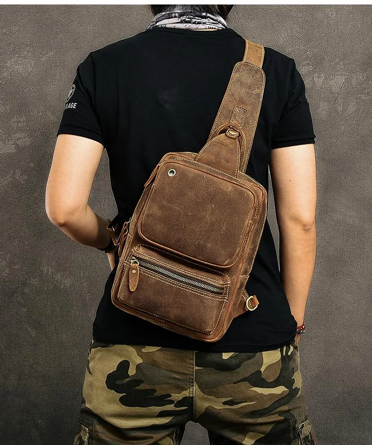 Cool Leather Mens 10" Brown Sling Bag Chest Bag Dark Coffee One Shoulder Backpack for Men