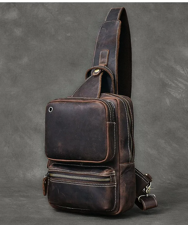 Cool Leather Mens 10" Brown Sling Bag Chest Bag Dark Coffee One Shoulder Backpack for Men