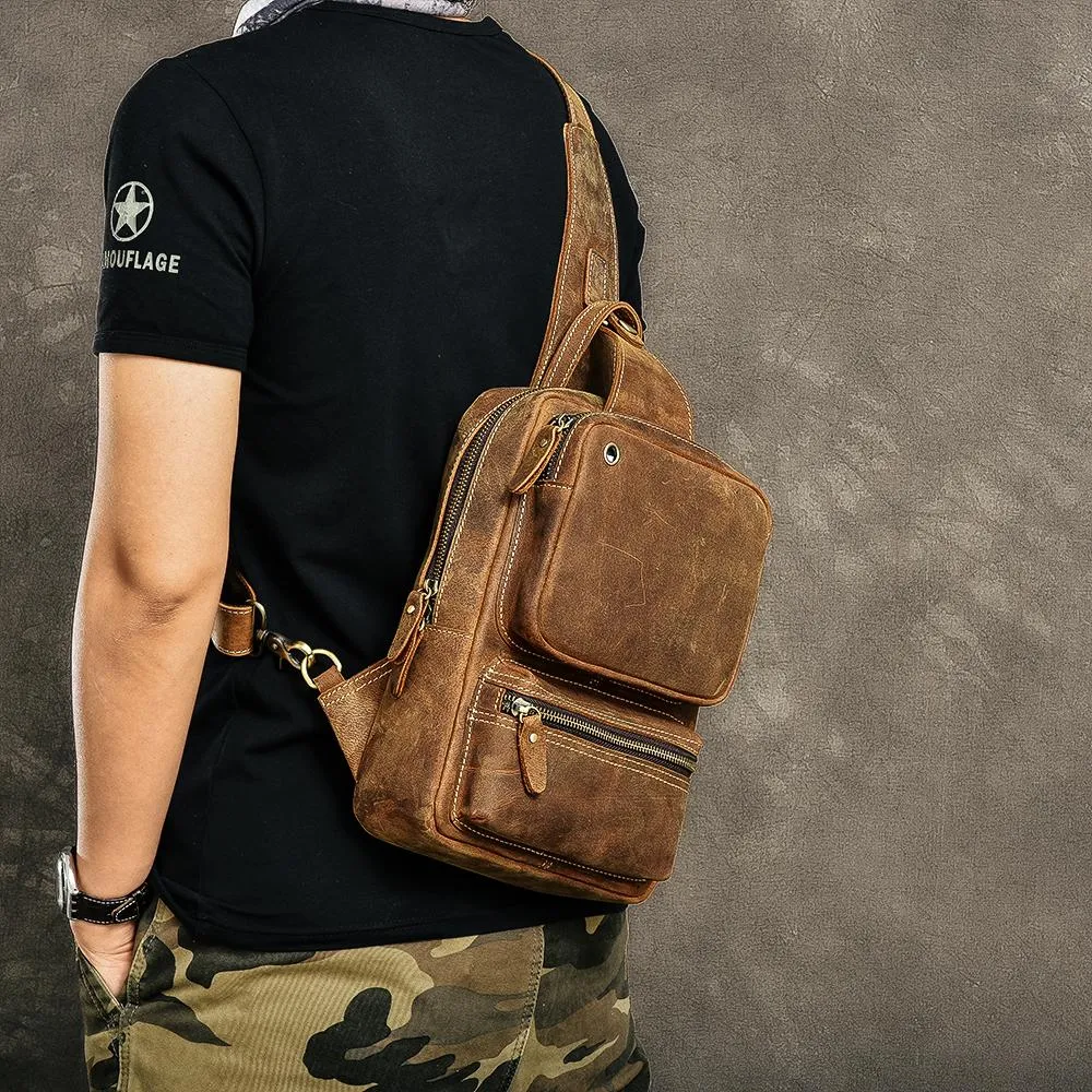 Cool Leather Mens 10" Brown Sling Bag Chest Bag Dark Coffee One Shoulder Backpack for Men
