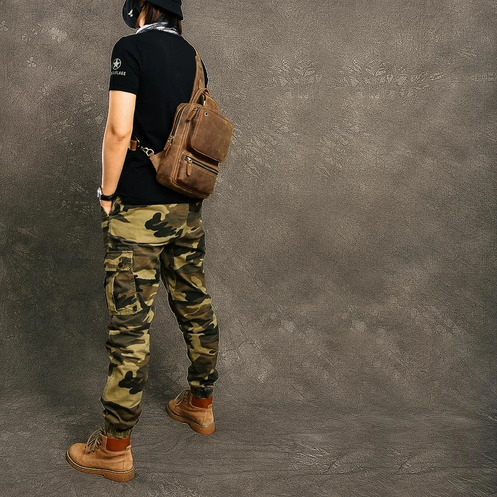 Cool Leather Mens 10" Brown Sling Bag Chest Bag Dark Coffee One Shoulder Backpack for Men
