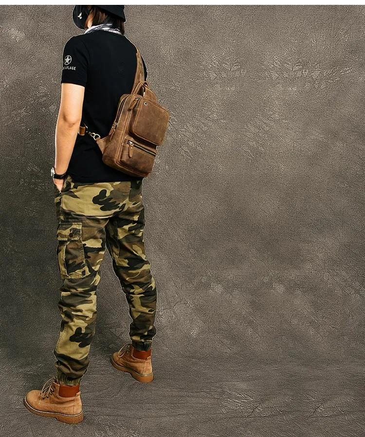 Cool Leather Mens 10" Brown Sling Bag Chest Bag Dark Coffee One Shoulder Backpack for Men