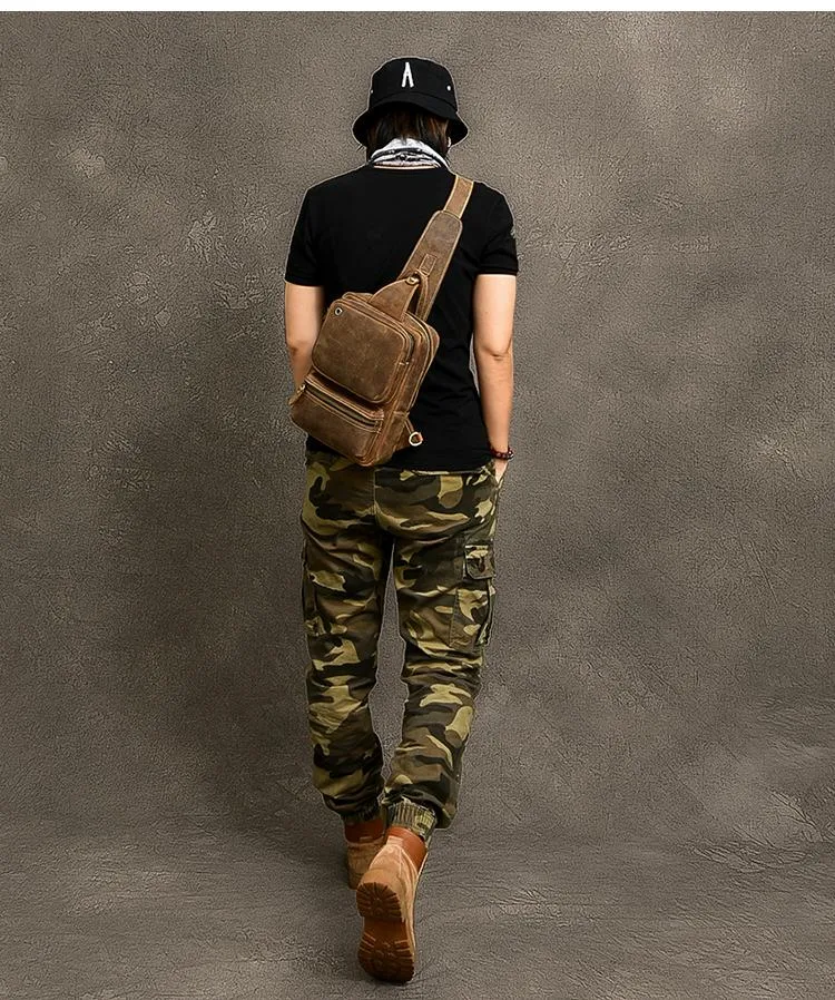 Cool Leather Mens 10" Brown Sling Bag Chest Bag Dark Coffee One Shoulder Backpack for Men
