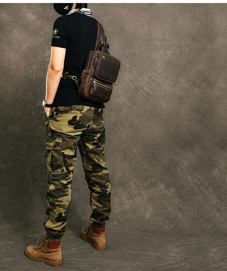 Cool Leather Mens 10" Brown Sling Bag Chest Bag Dark Coffee One Shoulder Backpack for Men