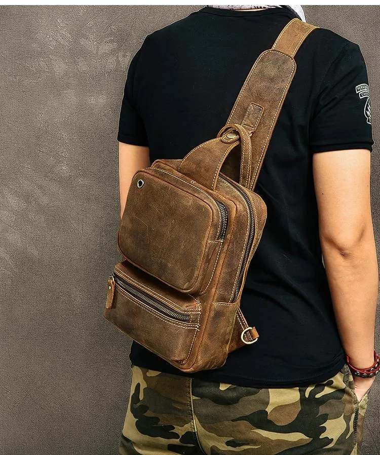 Cool Leather Mens 10" Brown Sling Bag Chest Bag Dark Coffee One Shoulder Backpack for Men