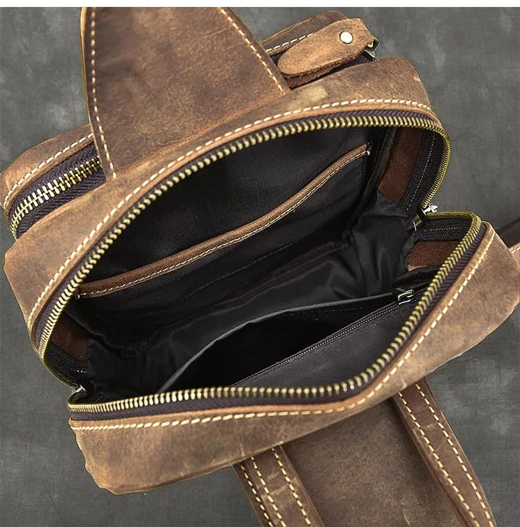 Cool Leather Mens 10" Brown Sling Bag Chest Bag Dark Coffee One Shoulder Backpack for Men