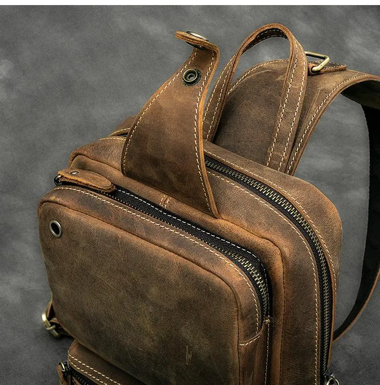Cool Leather Mens 10" Brown Sling Bag Chest Bag Dark Coffee One Shoulder Backpack for Men