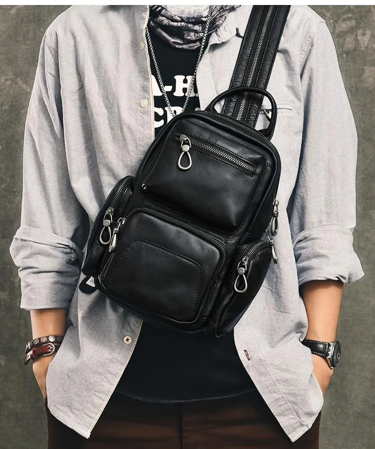 Cool Leather Mens 8" Black Backpack Sling Bag Chest Bag One Shoulder Backpack for Men