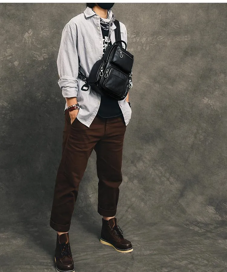 Cool Leather Mens 8" Black Backpack Sling Bag Chest Bag One Shoulder Backpack for Men