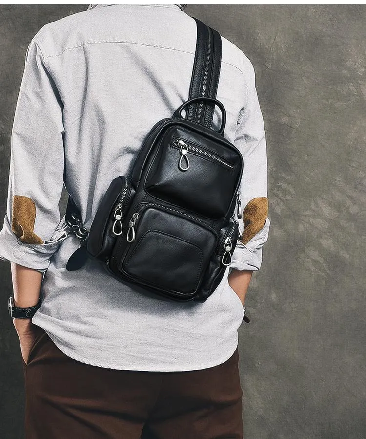Cool Leather Mens 8" Black Backpack Sling Bag Chest Bag One Shoulder Backpack for Men