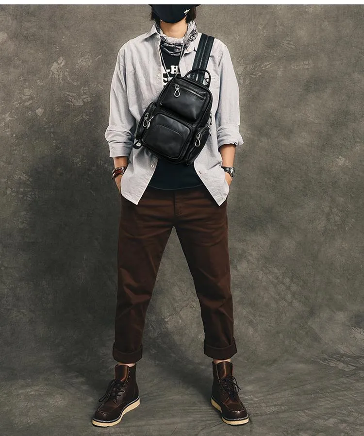 Cool Leather Mens 8" Black Backpack Sling Bag Chest Bag One Shoulder Backpack for Men