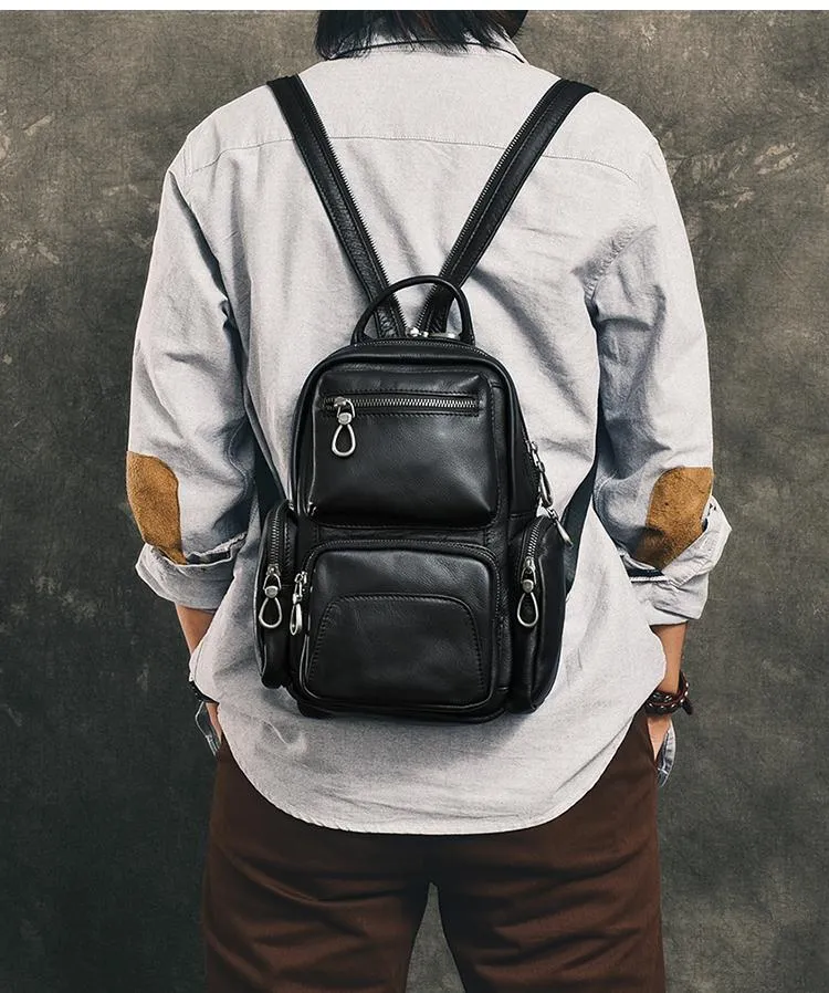 Cool Leather Mens 8" Black Backpack Sling Bag Chest Bag One Shoulder Backpack for Men
