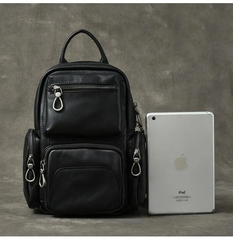 Cool Leather Mens 8" Black Backpack Sling Bag Chest Bag One Shoulder Backpack for Men