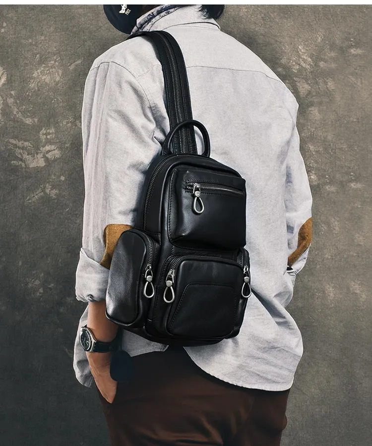 Cool Leather Mens 8" Black Backpack Sling Bag Chest Bag One Shoulder Backpack for Men