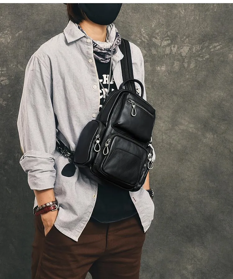 Cool Leather Mens 8" Black Backpack Sling Bag Chest Bag One Shoulder Backpack for Men