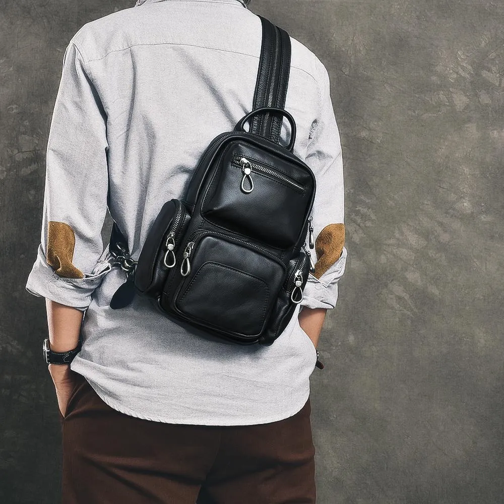 Cool Leather Mens 8" Black Backpack Sling Bag Chest Bag One Shoulder Backpack for Men