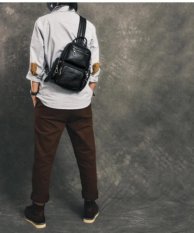 Cool Leather Mens 8" Black Backpack Sling Bag Chest Bag One Shoulder Backpack for Men
