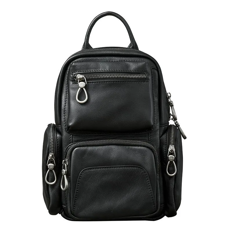 Cool Leather Mens 8" Black Backpack Sling Bag Chest Bag One Shoulder Backpack for Men