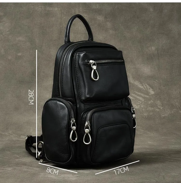 Cool Leather Mens 8" Black Backpack Sling Bag Chest Bag One Shoulder Backpack for Men