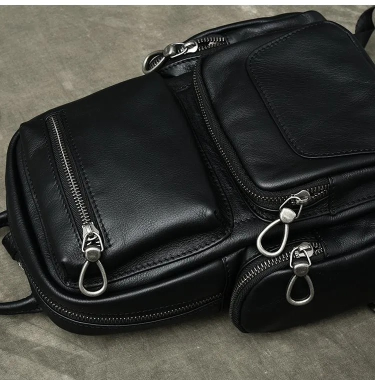 Cool Leather Mens 8" Black Backpack Sling Bag Chest Bag One Shoulder Backpack for Men