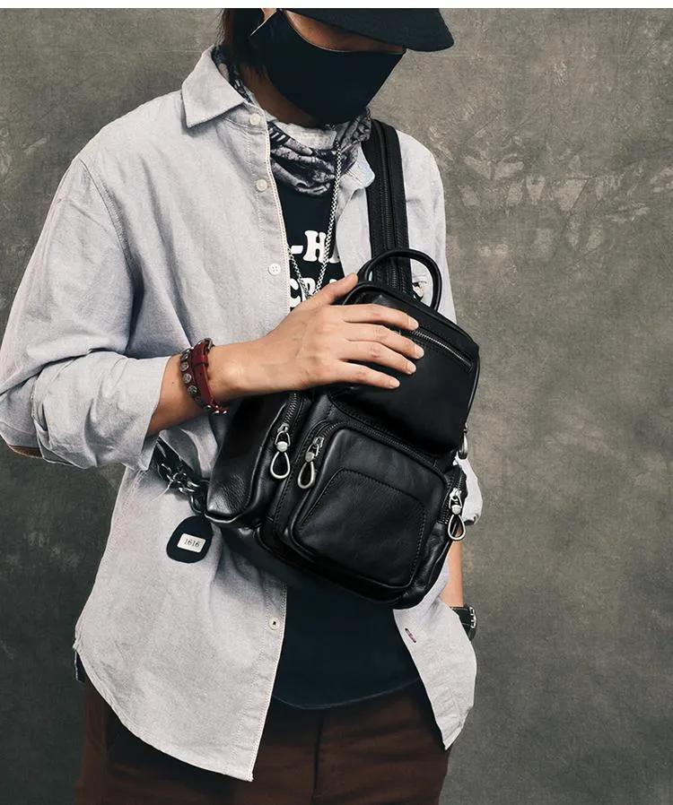 Cool Leather Mens 8" Black Backpack Sling Bag Chest Bag One Shoulder Backpack for Men