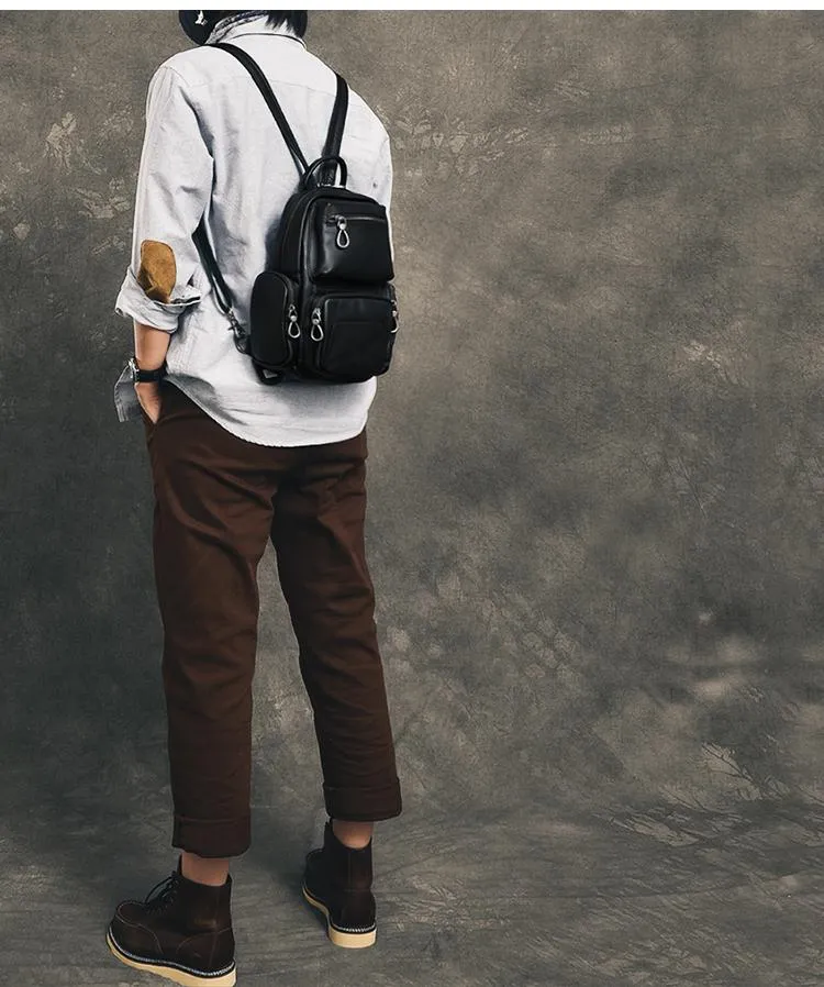 Cool Leather Mens 8" Black Backpack Sling Bag Chest Bag One Shoulder Backpack for Men