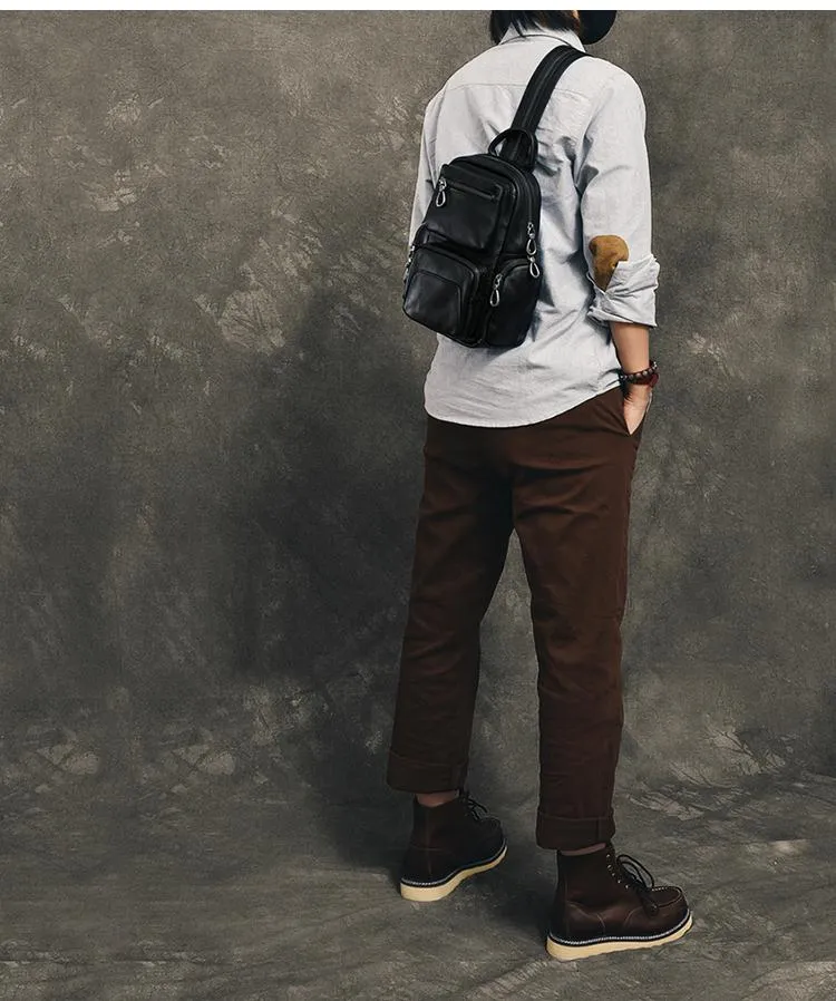 Cool Leather Mens 8" Black Backpack Sling Bag Chest Bag One Shoulder Backpack for Men
