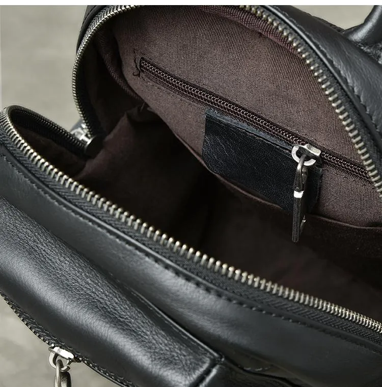 Cool Leather Mens 8" Black Backpack Sling Bag Chest Bag One Shoulder Backpack for Men