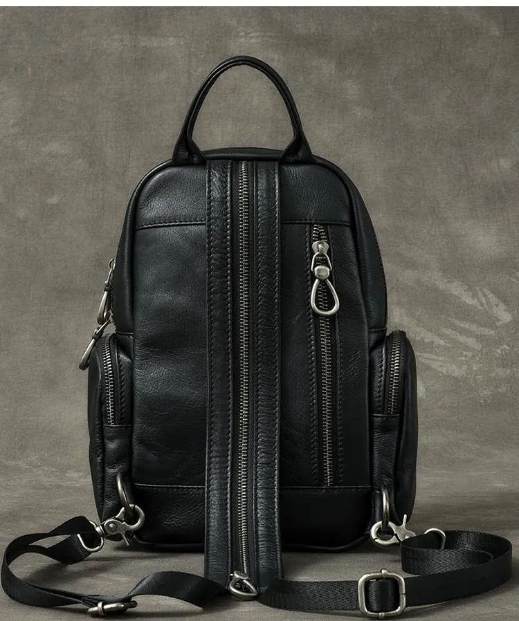 Cool Leather Mens 8" Black Backpack Sling Bag Chest Bag One Shoulder Backpack for Men