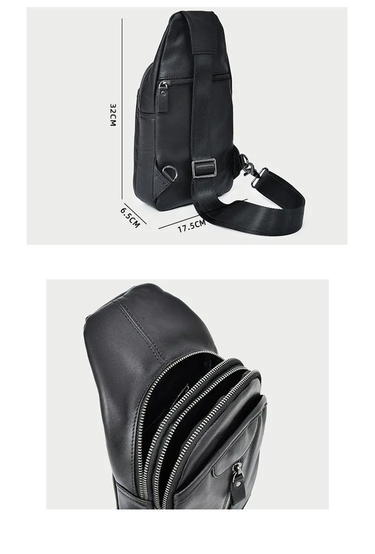 Cool Leather Mens 8" Black Sling Bag Chest Bag One Shoulder Backpack for Men