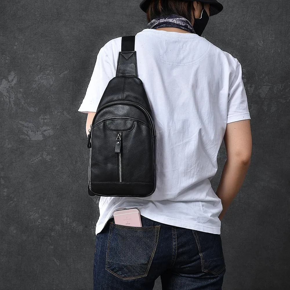 Cool Leather Mens 8" Black Sling Bag Chest Bag One Shoulder Backpack for Men