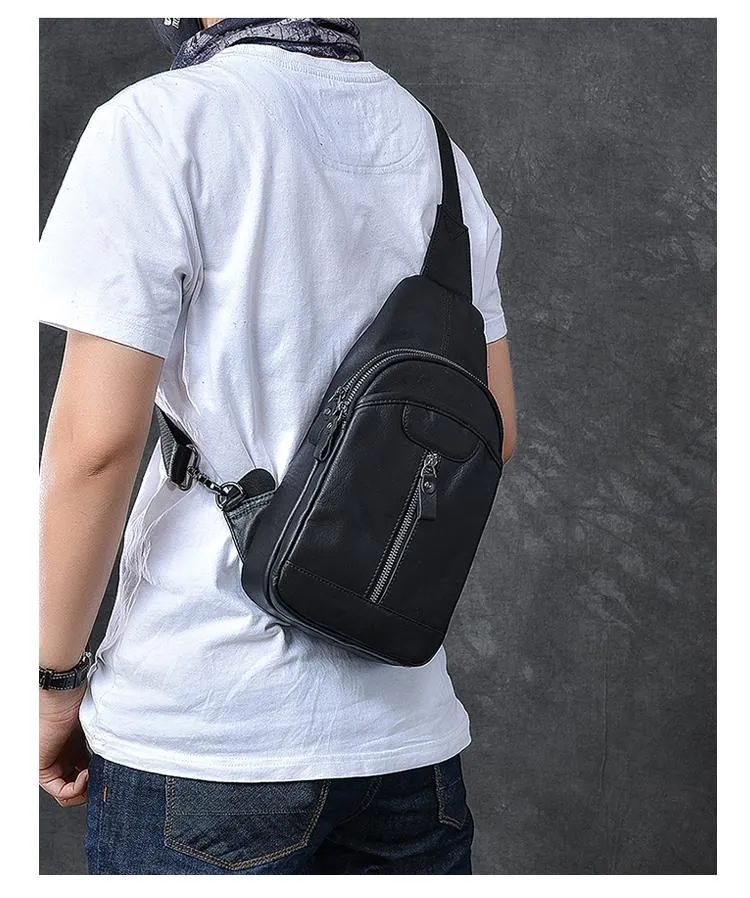Cool Leather Mens 8" Black Sling Bag Chest Bag One Shoulder Backpack for Men