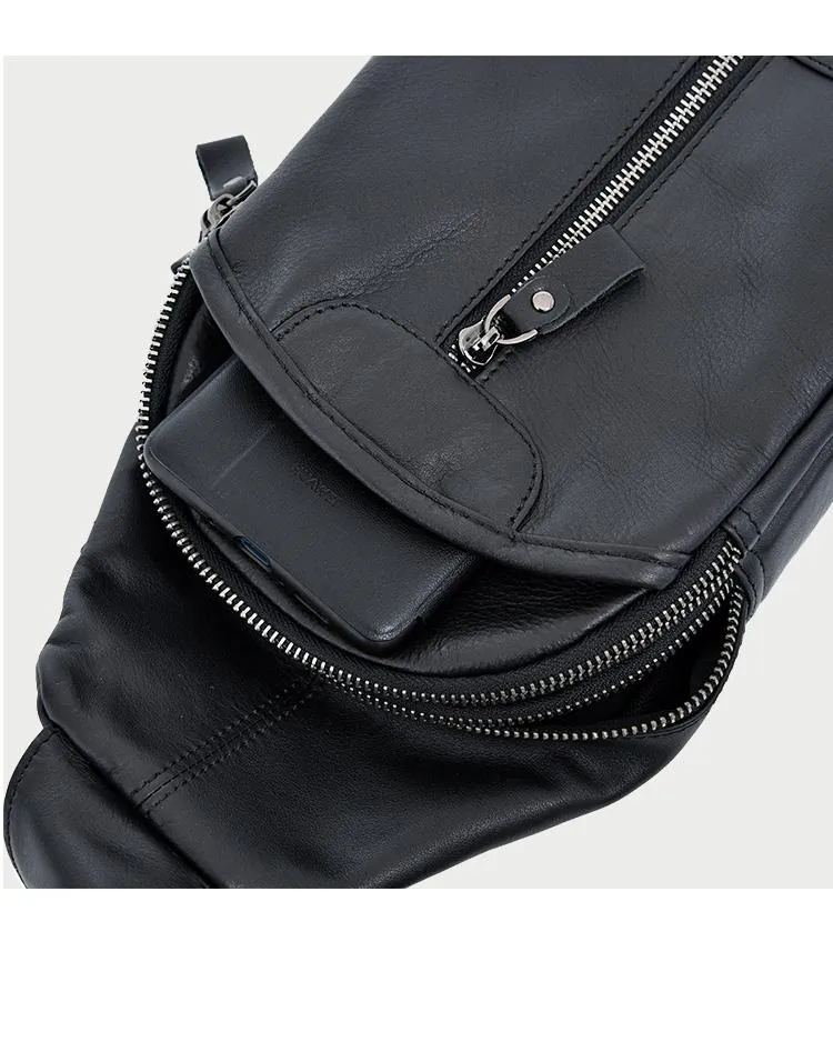 Cool Leather Mens 8" Black Sling Bag Chest Bag One Shoulder Backpack for Men