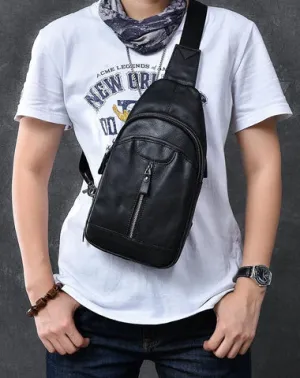 Cool Leather Mens 8" Black Sling Bag Chest Bag One Shoulder Backpack for Men