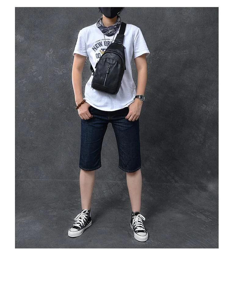 Cool Leather Mens 8" Black Sling Bag Chest Bag One Shoulder Backpack for Men