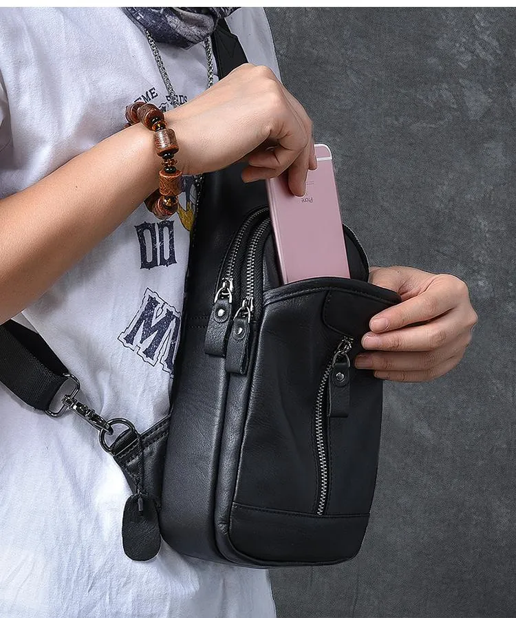 Cool Leather Mens 8" Black Sling Bag Chest Bag One Shoulder Backpack for Men