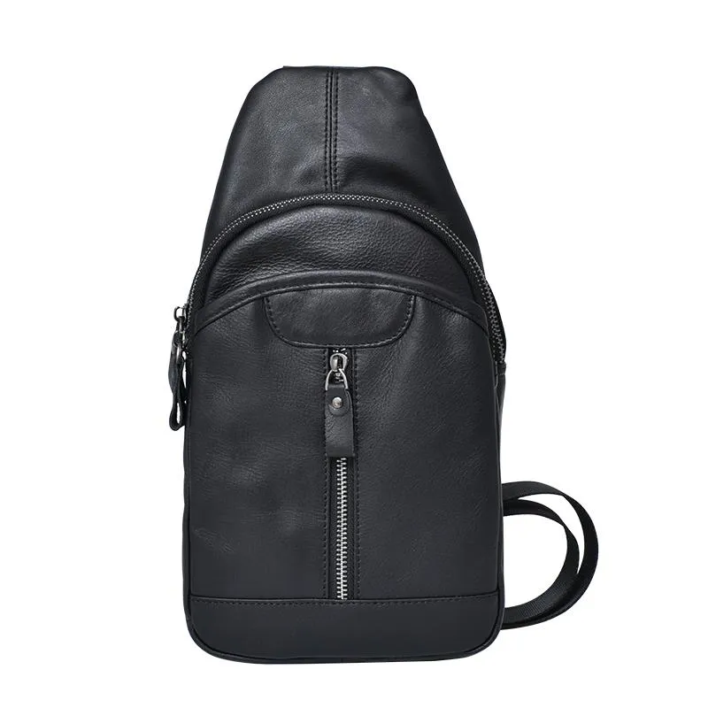 Cool Leather Mens 8" Black Sling Bag Chest Bag One Shoulder Backpack for Men