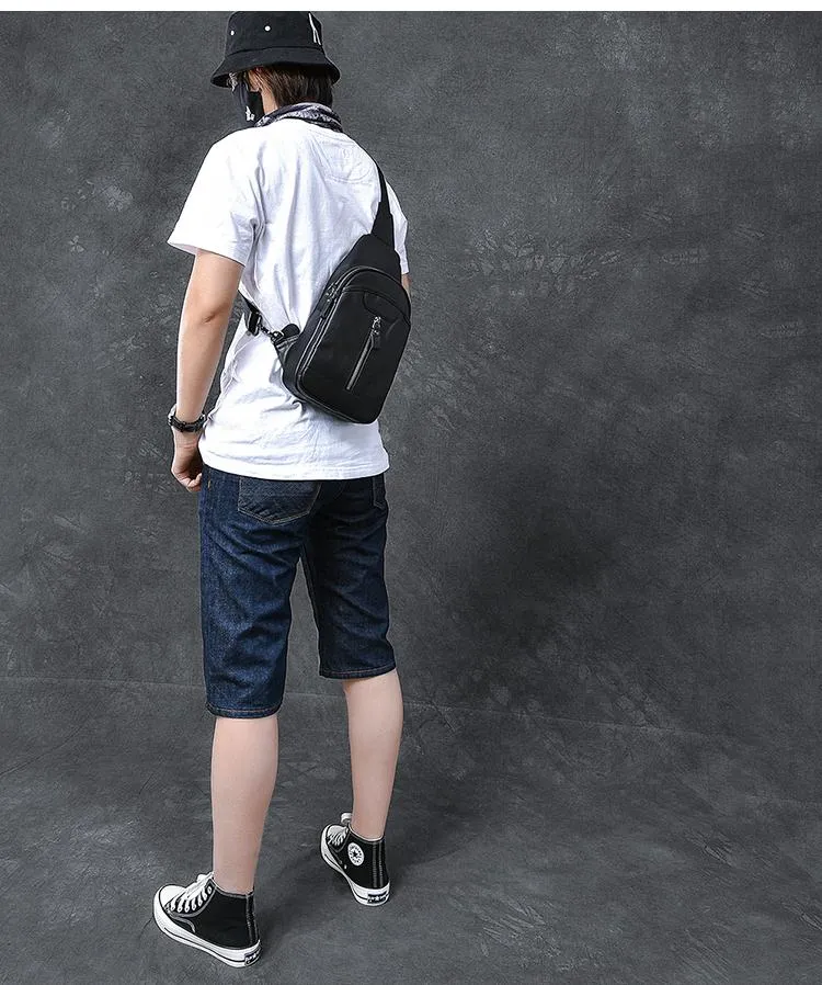 Cool Leather Mens 8" Black Sling Bag Chest Bag One Shoulder Backpack for Men