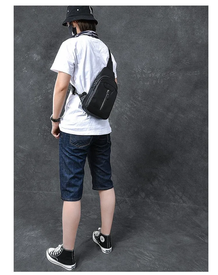 Cool Leather Mens 8" Black Sling Bag Chest Bag One Shoulder Backpack for Men