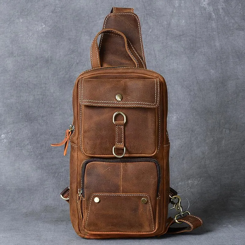 Cool Leather Mens 8" Brown Vintage Sling Bag Chest Bag One Shoulder Backpack for Men