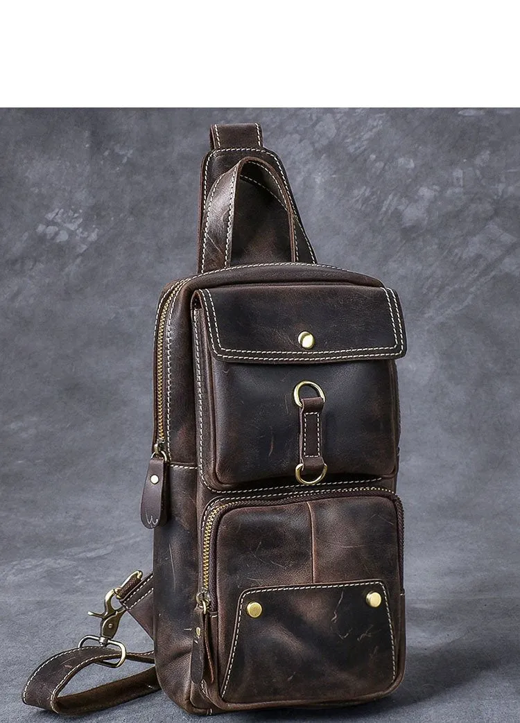 Cool Leather Mens 8" Brown Vintage Sling Bag Chest Bag One Shoulder Backpack for Men