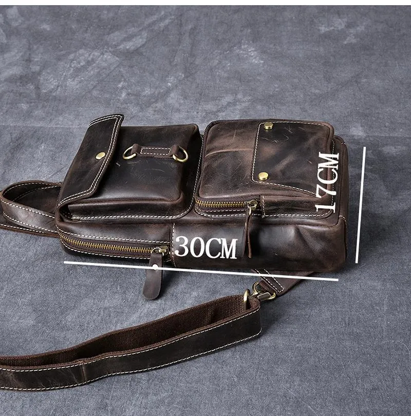 Cool Leather Mens 8" Brown Vintage Sling Bag Chest Bag One Shoulder Backpack for Men