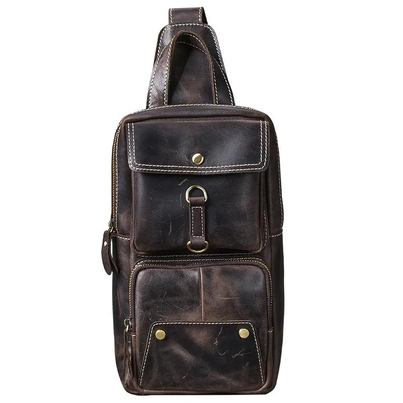 Cool Leather Mens 8" Brown Vintage Sling Bag Chest Bag One Shoulder Backpack for Men