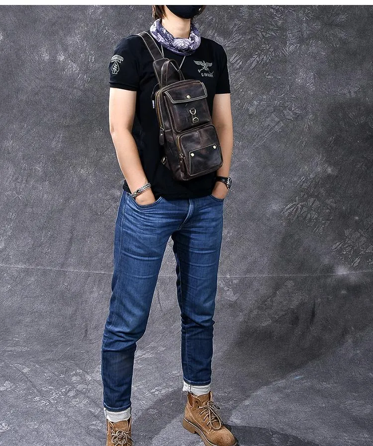 Cool Leather Mens 8" Brown Vintage Sling Bag Chest Bag One Shoulder Backpack for Men