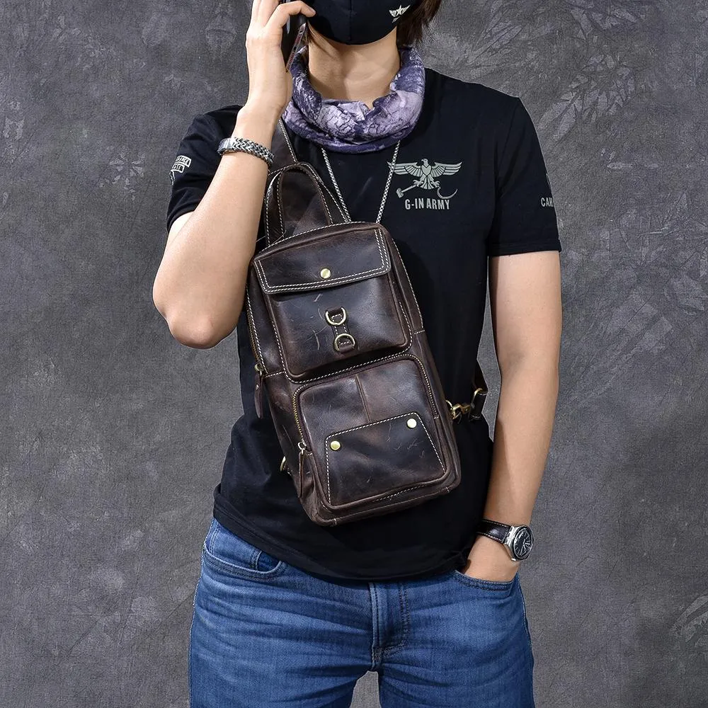 Cool Leather Mens 8" Brown Vintage Sling Bag Chest Bag One Shoulder Backpack for Men
